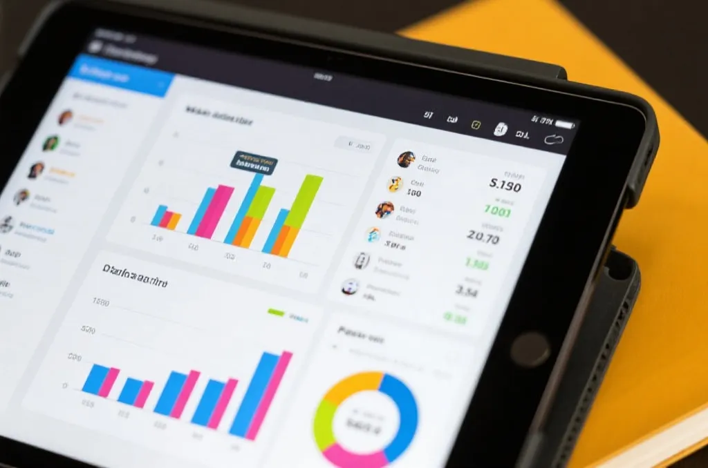 A tablet displaying colorful sports data charts, graphs, and professional player statistics
